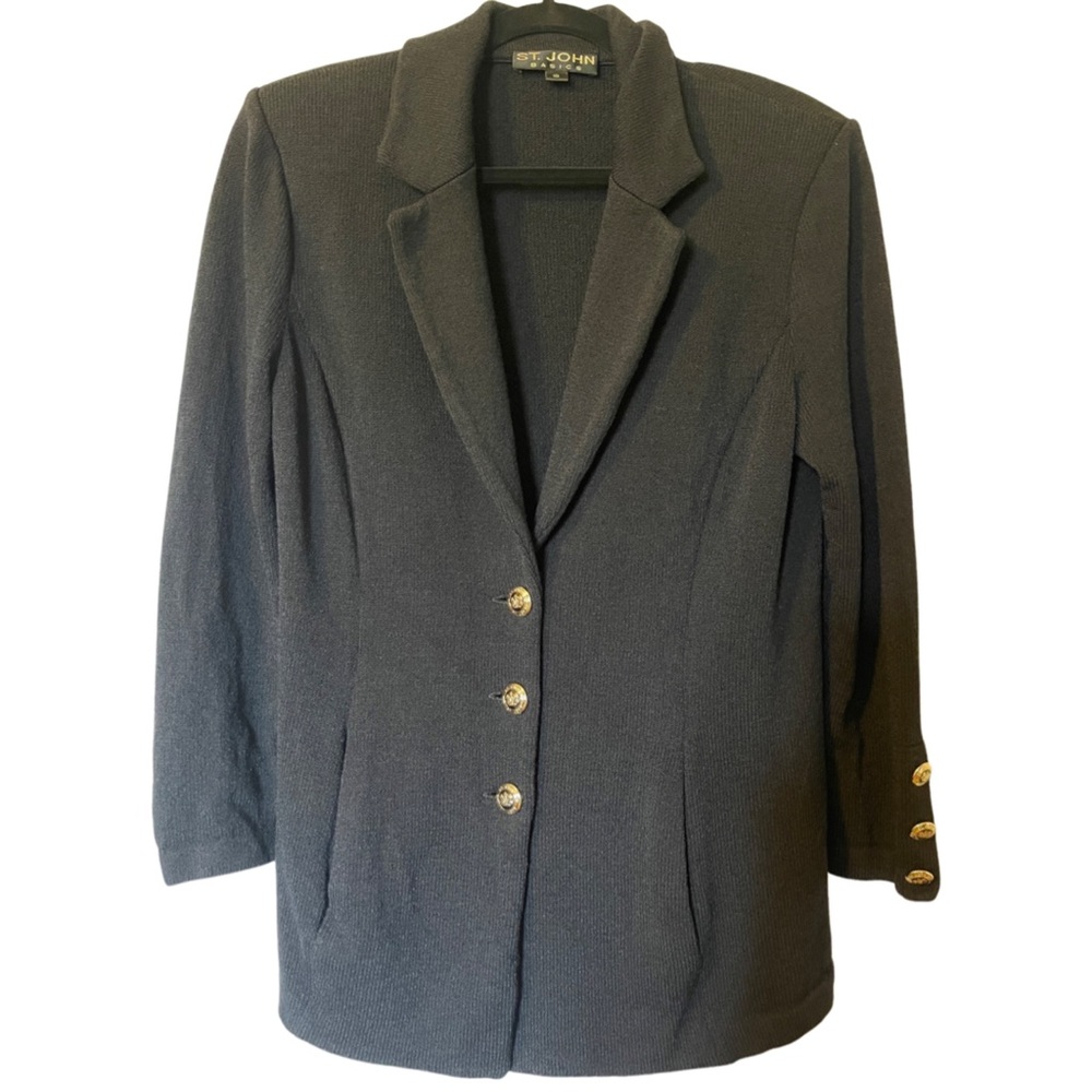 Vintage St. John Basics Knit Blazer Jacket Black with Gold Buttons